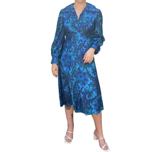 Vintage 1970s Womens Handmade Blue Floral Psychedelic Floral Disco Collar Dress - Picture 1 of 9
